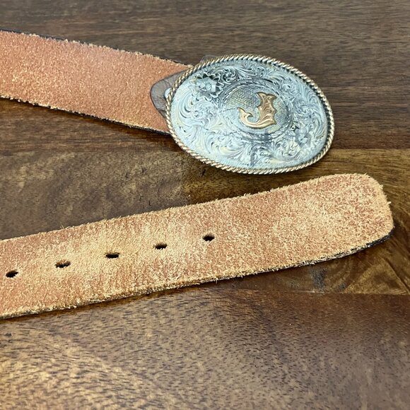 Montana SilverSmiths Cowboy/Cowgirl Initial Oval Silver Belt Buckle Leather Belt - Picture 8 of 14